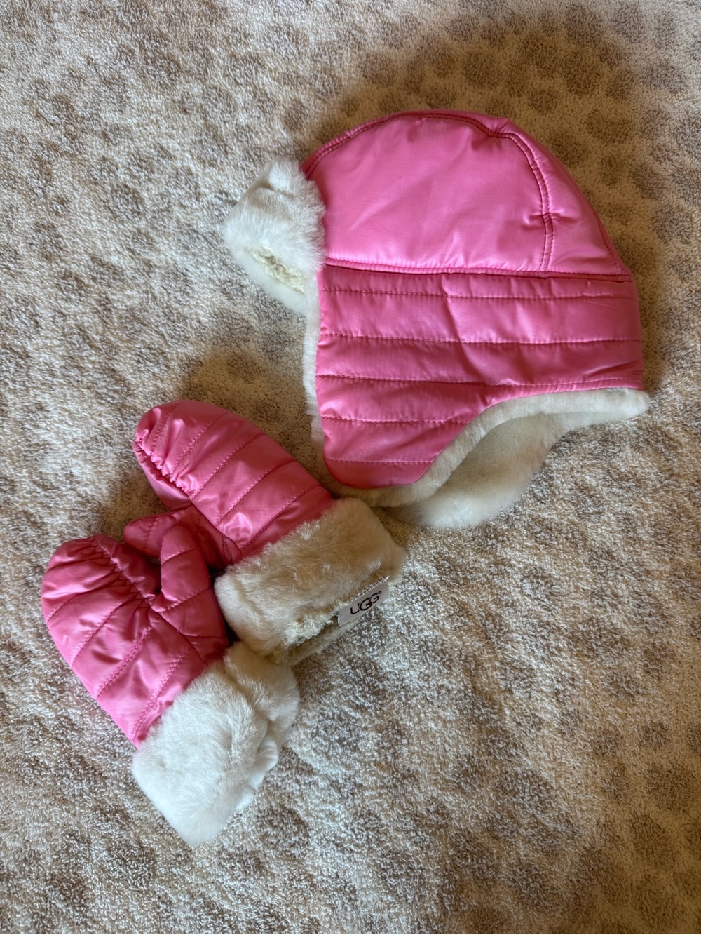 UGG Kids Pink Quilted Trapper Hat and Mittens Set